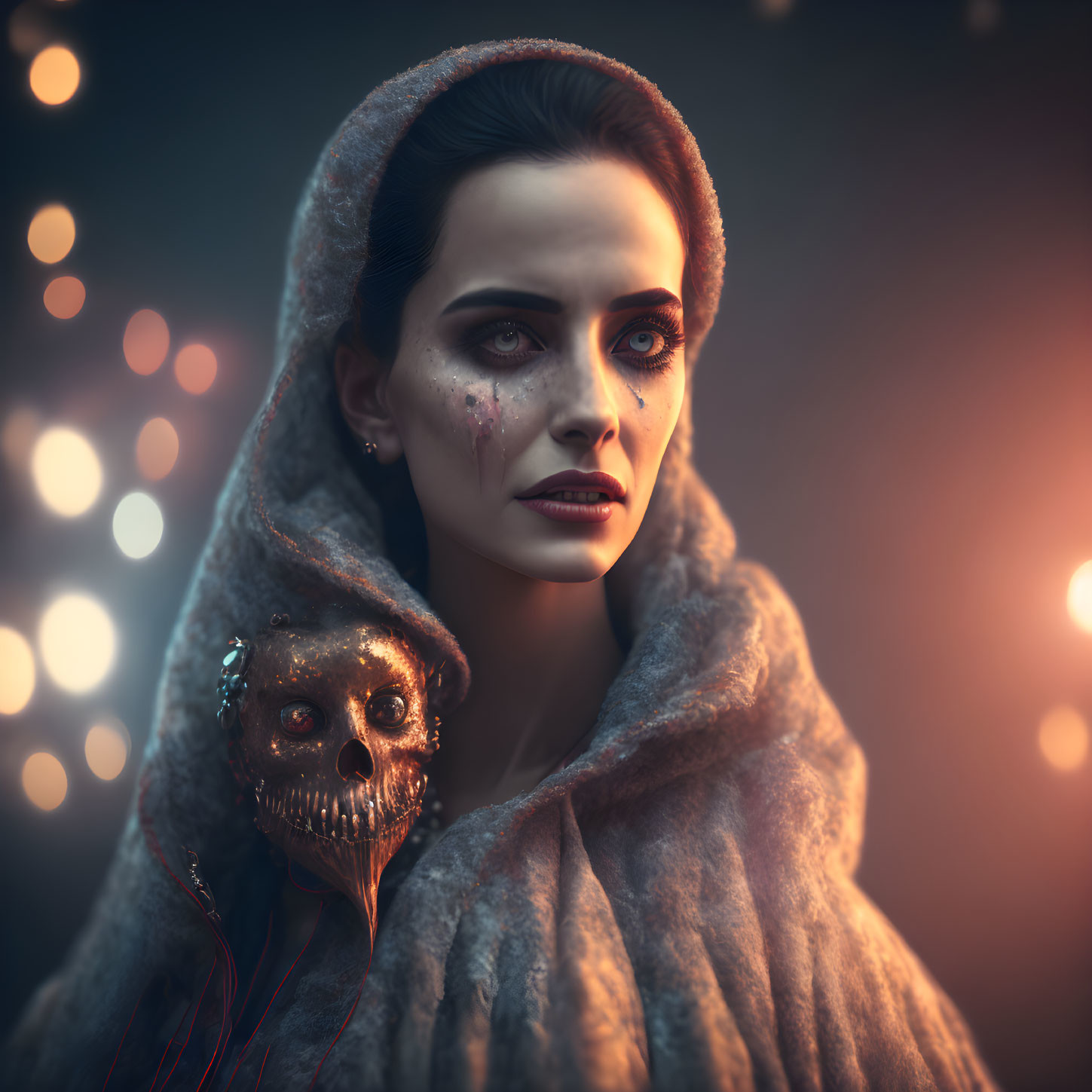 Dark-haired woman in cloak holding golden skull on bokeh background