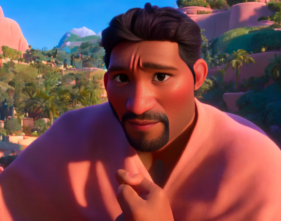 Male animated character with black hair and goatee in pink top against sunset pink hills.