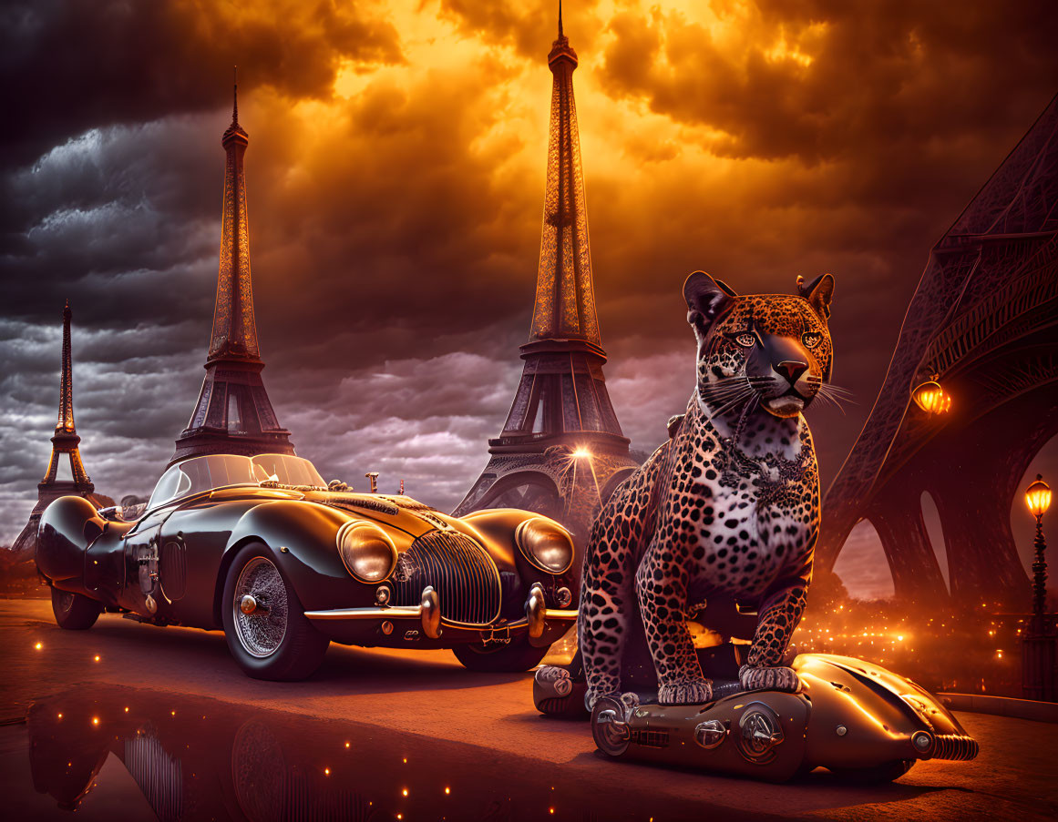 Leopard beside classic car with Eiffel Tower at sunset