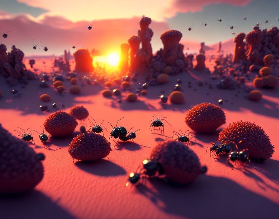 Surreal sunset landscape with oversized ants and spiky fruits in pink desert.