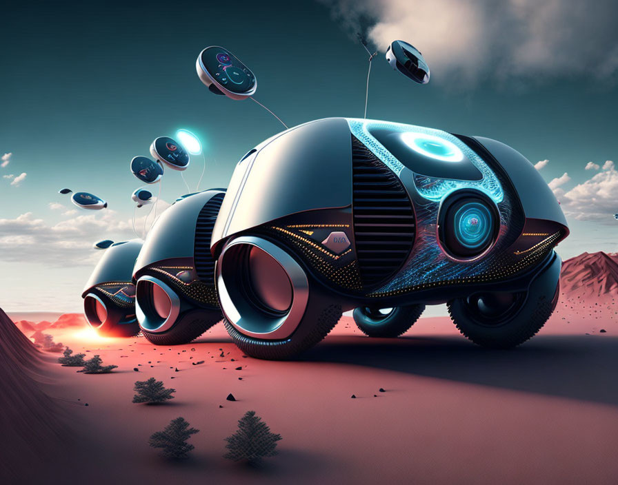 Futuristic vehicles with large circular wheels in desert landscape