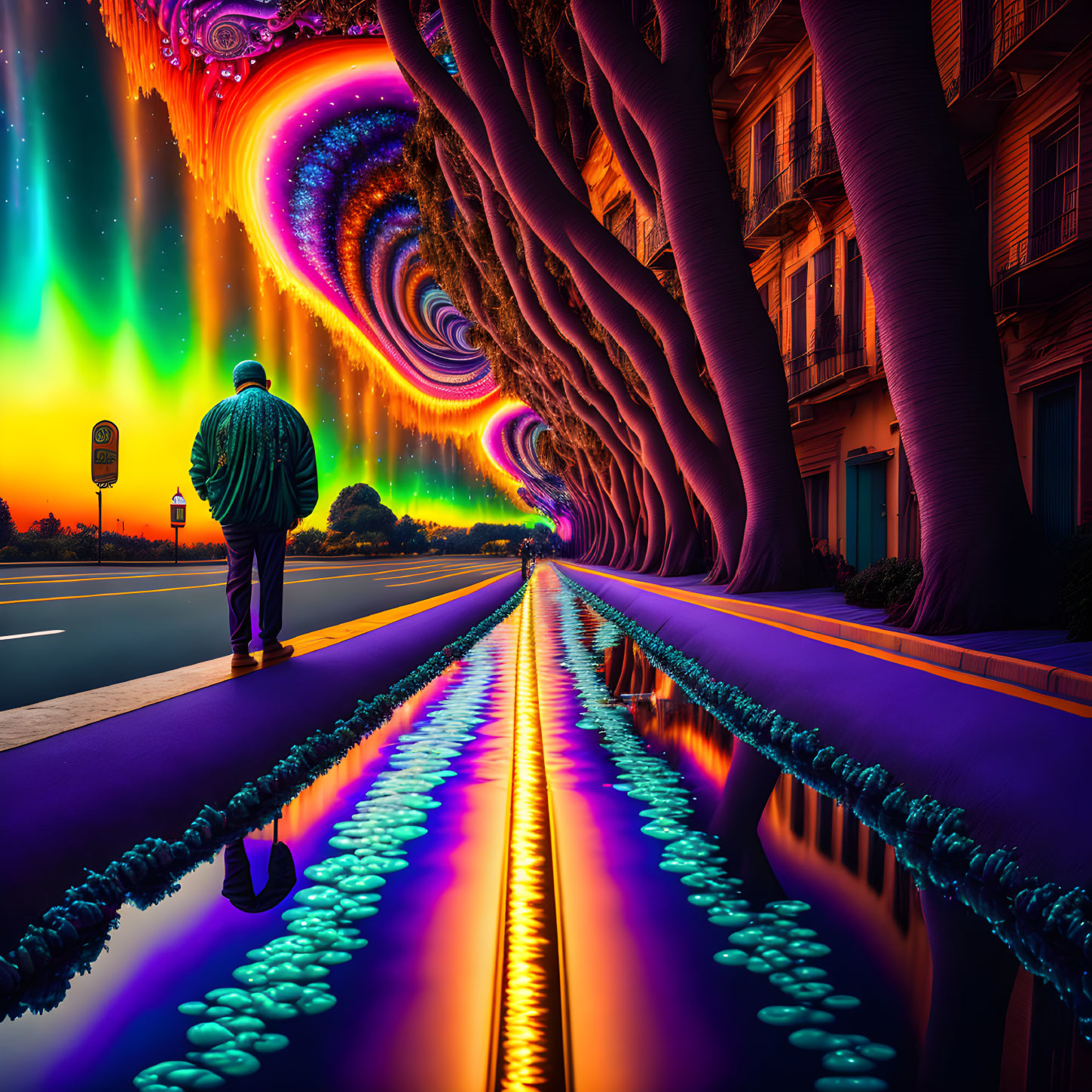 Vibrant surreal street with glowing trees and cosmic sky