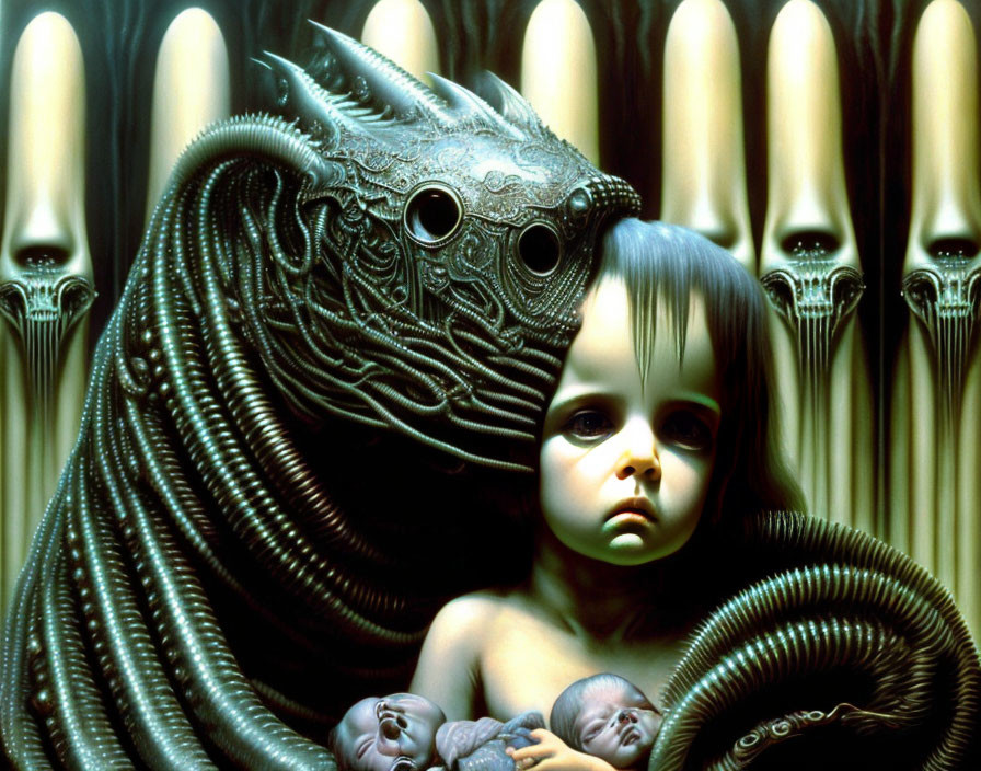 Surreal image of child with doll beside alien creature