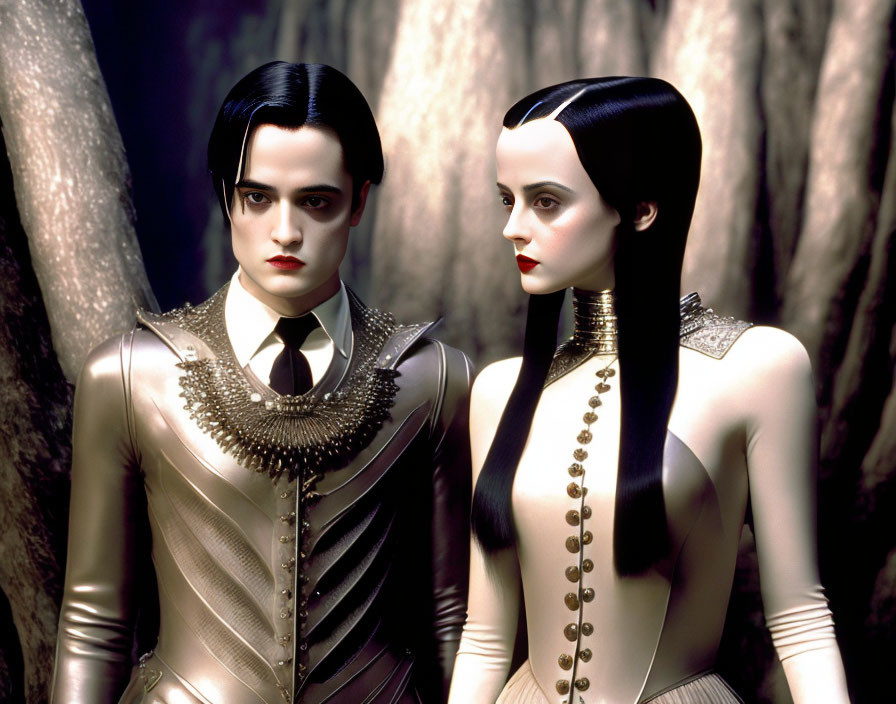 Two pale-skinned individuals in dark hair and elaborate gothic costumes.