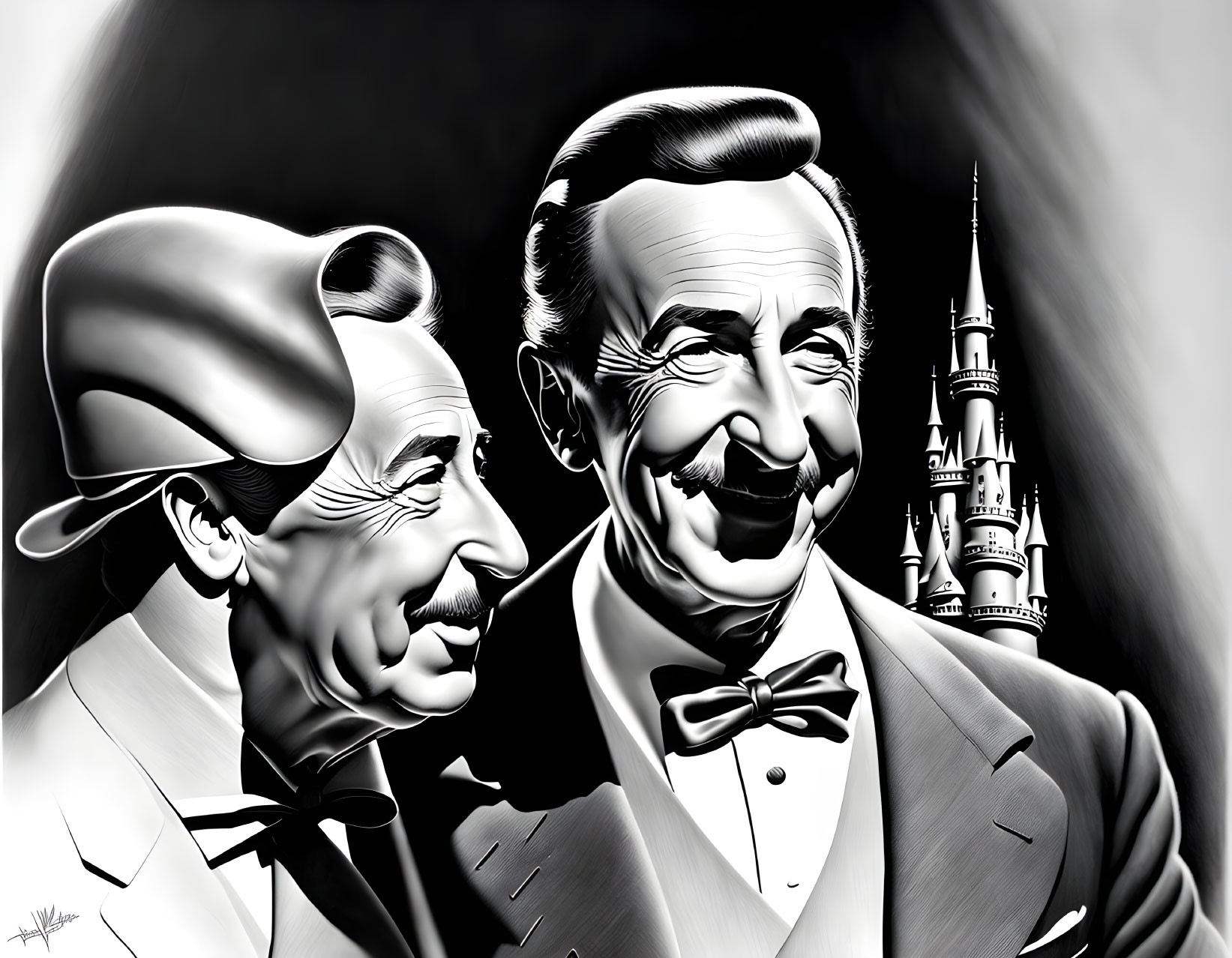 Vintage Style Illustration: Two Smiling Men with Beret and Bowtie, Castle Silhouette