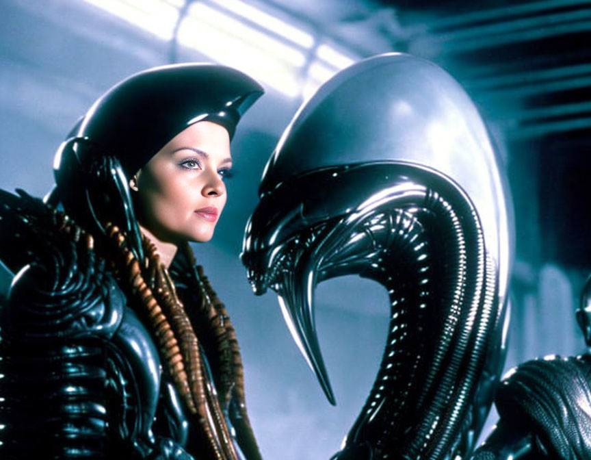 Futuristic woman with alien in shiny exoskeleton