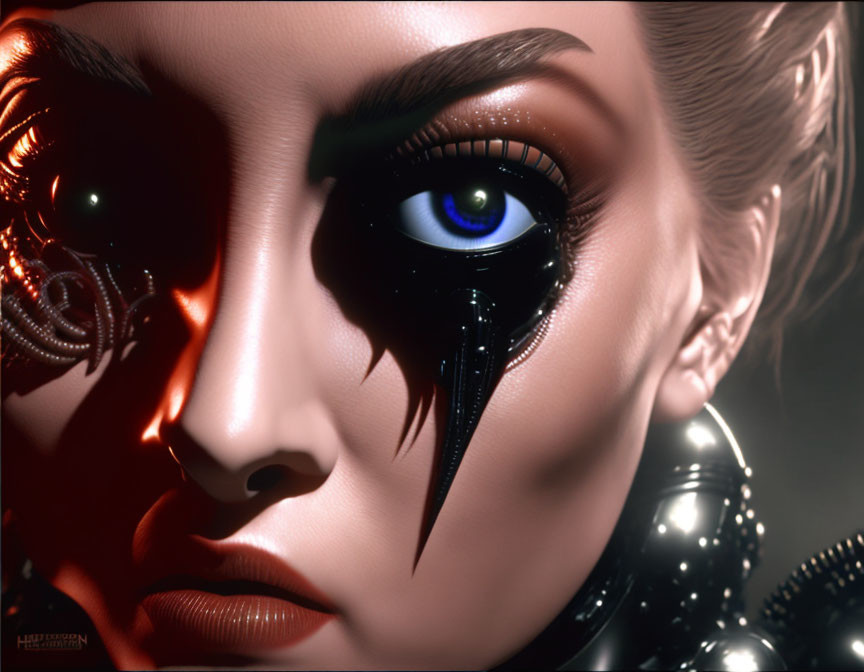 Close-up digital artwork: Woman with dramatic makeup, black tears in one eye, and metallic adornments