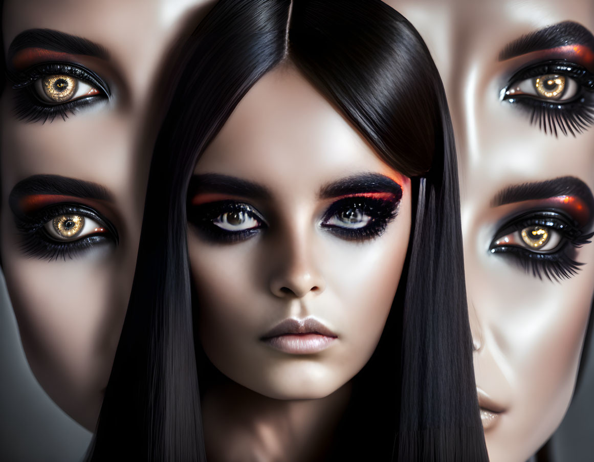 Symmetrical woman's face with multiple eyes and dramatic makeup