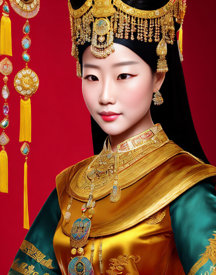 Traditional East Asian royal attire with ornate headdress and golden robes on red background