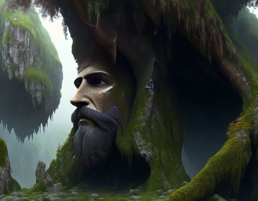 Ethereal forest landscape with giant face merging with trees