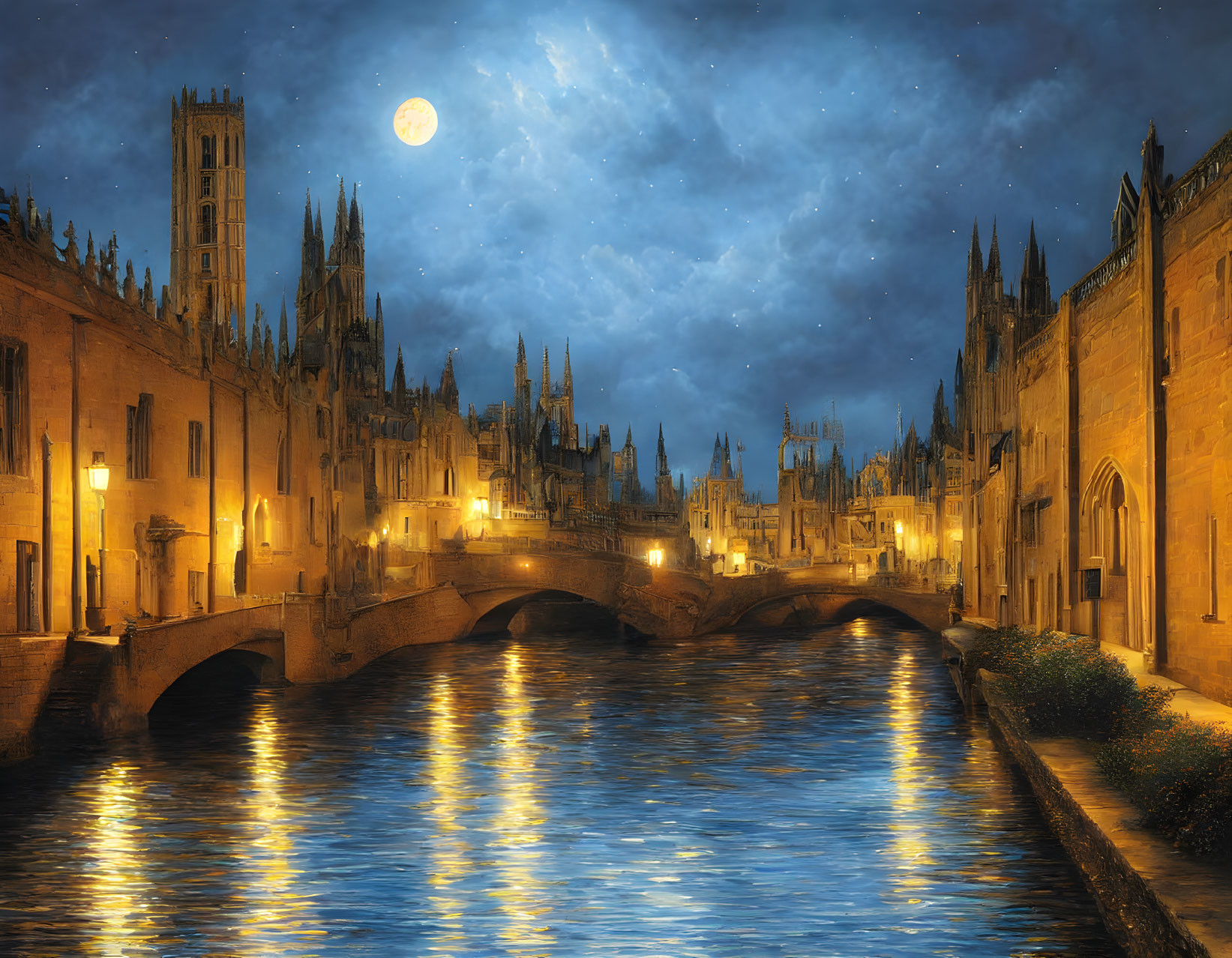 Moonlit Night: Serene River, Historical Buildings, Bridge, Starry Sky