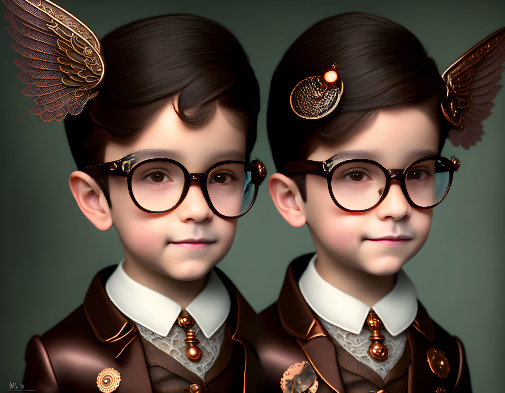 Identical characters in vintage outfits with large glasses and mechanical wings