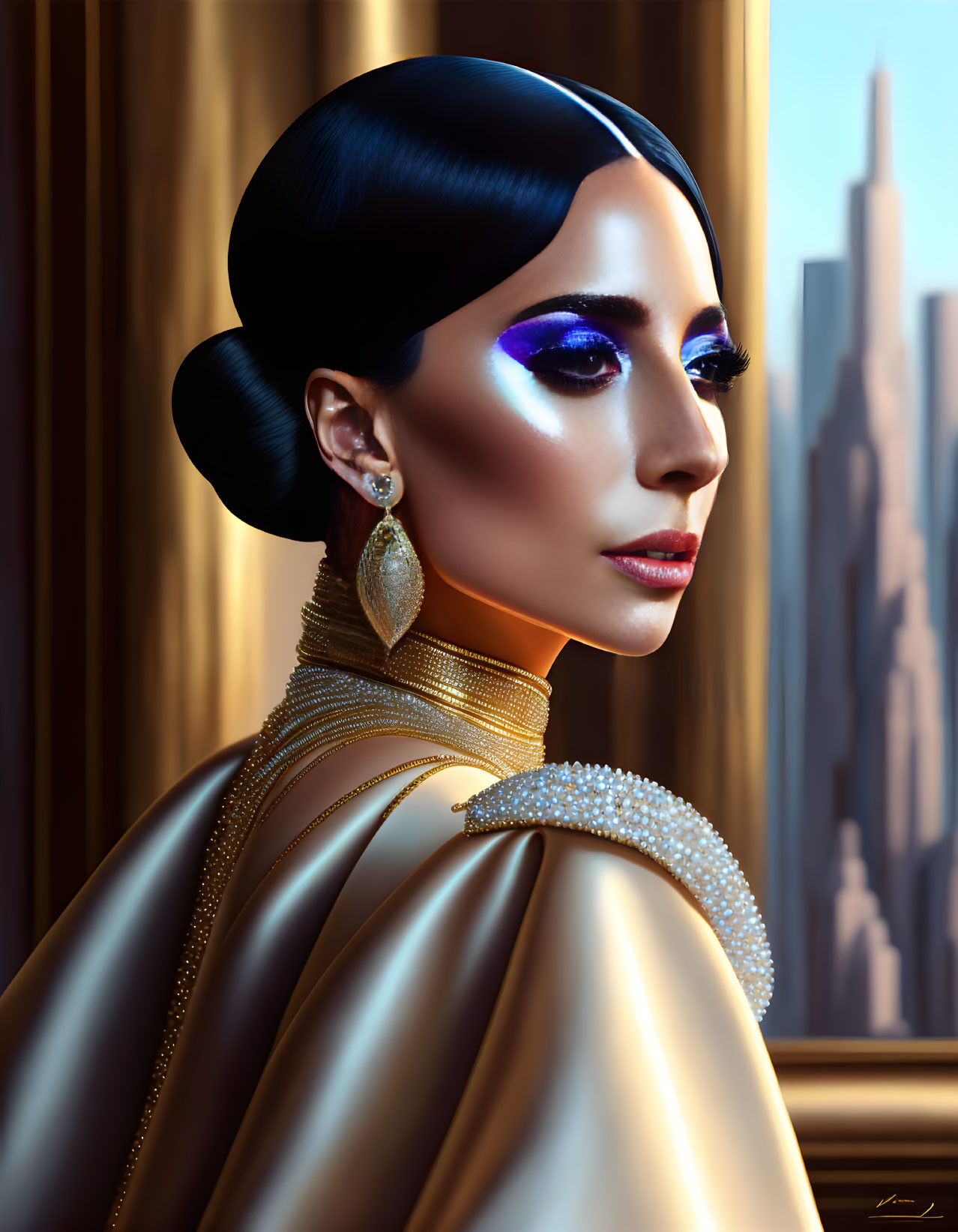 Woman's Profile Portrait with Stylized Makeup & Elegant Earrings in High-Collar Gold Outfit