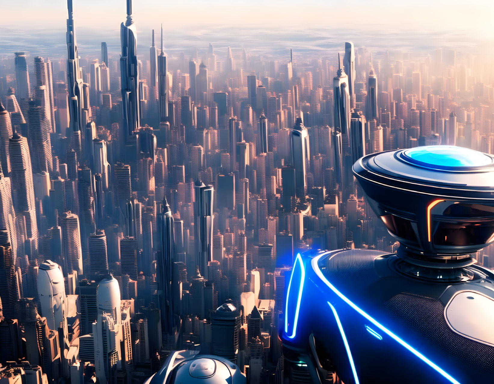 Futuristic cityscape with towering skyscrapers and robot in golden light