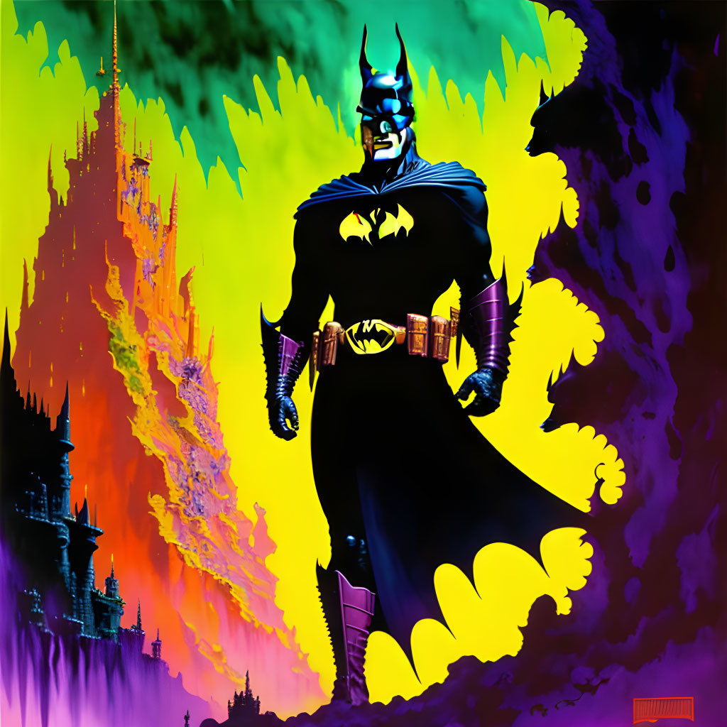 Colorful Batman illustration with Gotham City backdrop in green and orange.