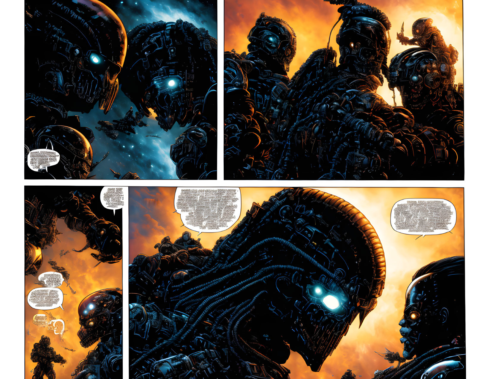 Detailed Comic Book Page: Mechanical Alien Character with Intricate Armor & Glowing Blue Eyes