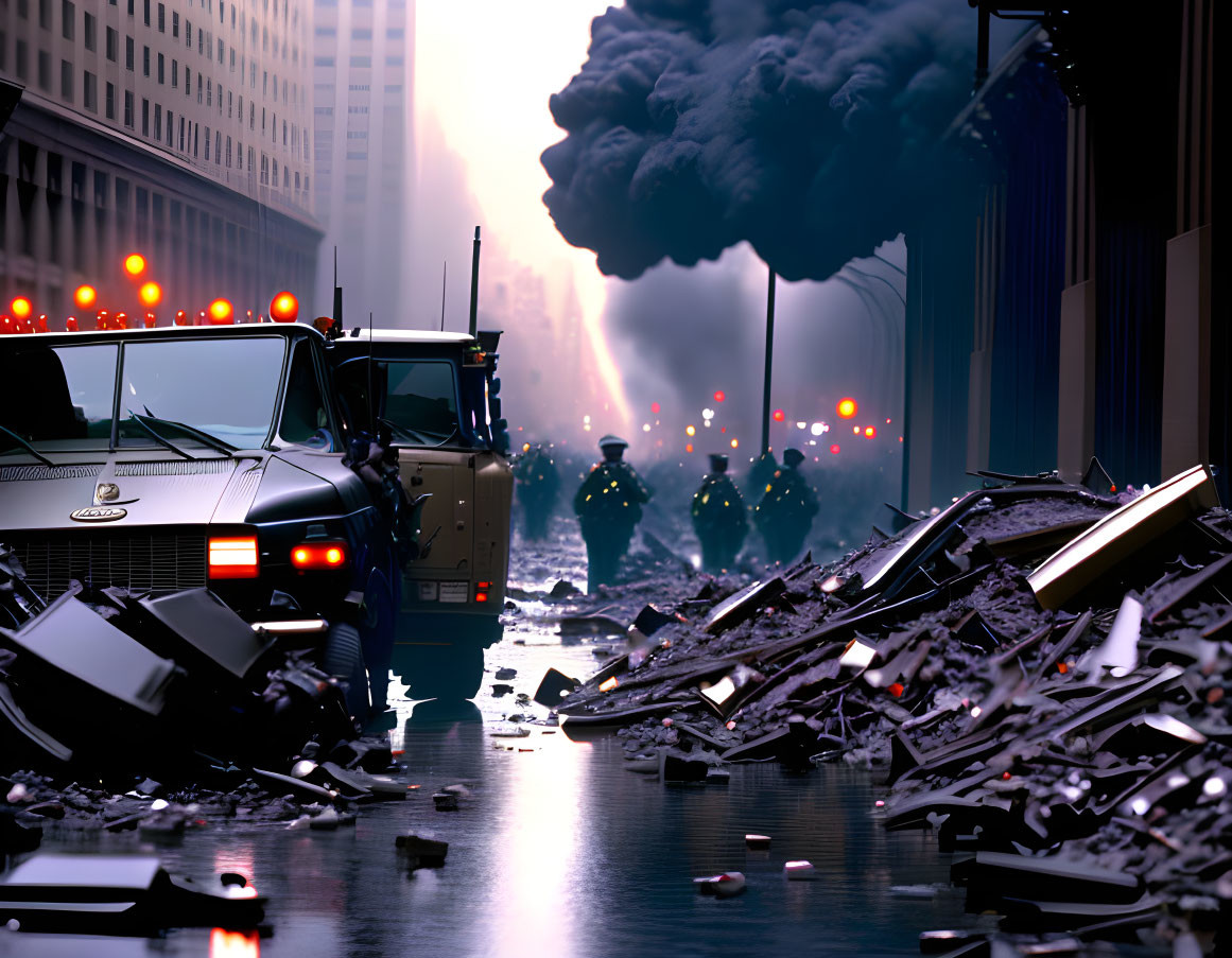 Dystopian urban scene with armed figures and truck in chaos