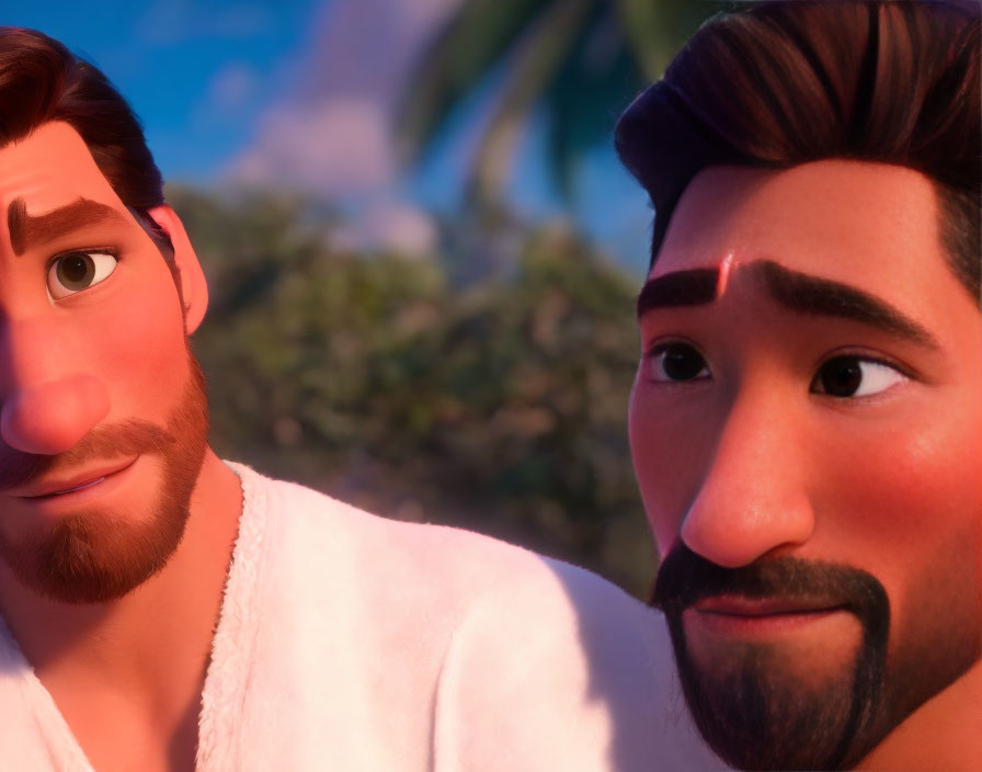 Two male animated characters with friendly expressions against a warm tropical backdrop.