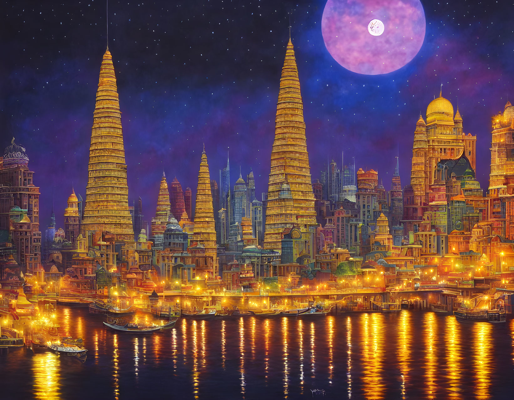 Fantasy cityscape at night: illuminated buildings, spires, glowing river