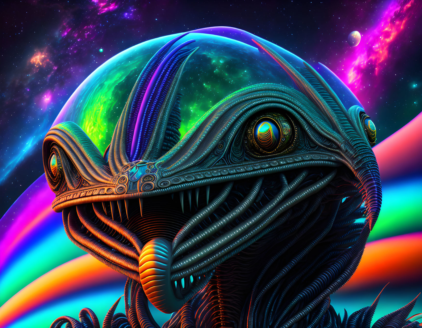 Colorful digital art of alien creature in cosmic setting