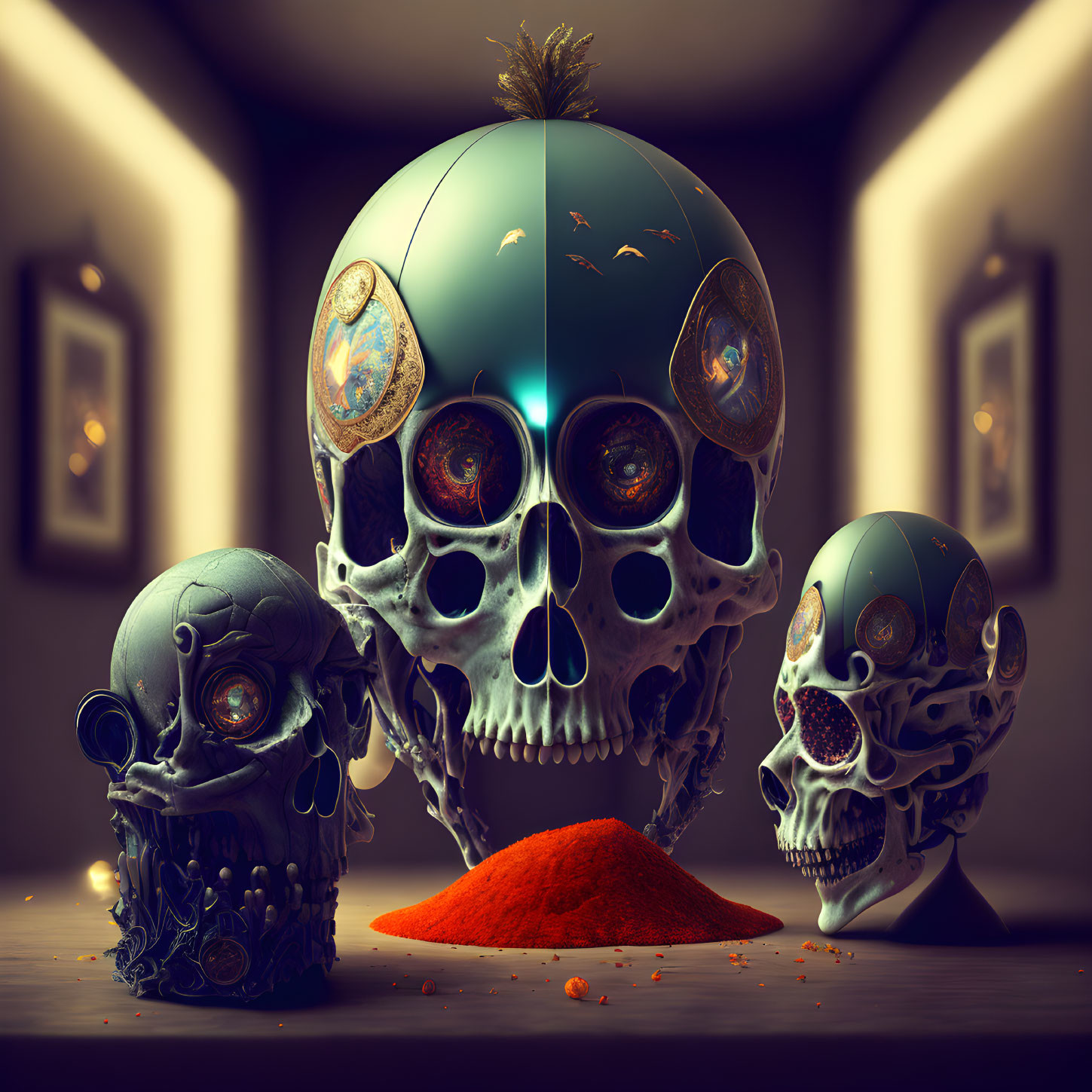 Intricately designed ornate skulls with jewels on warm, dimly lit background