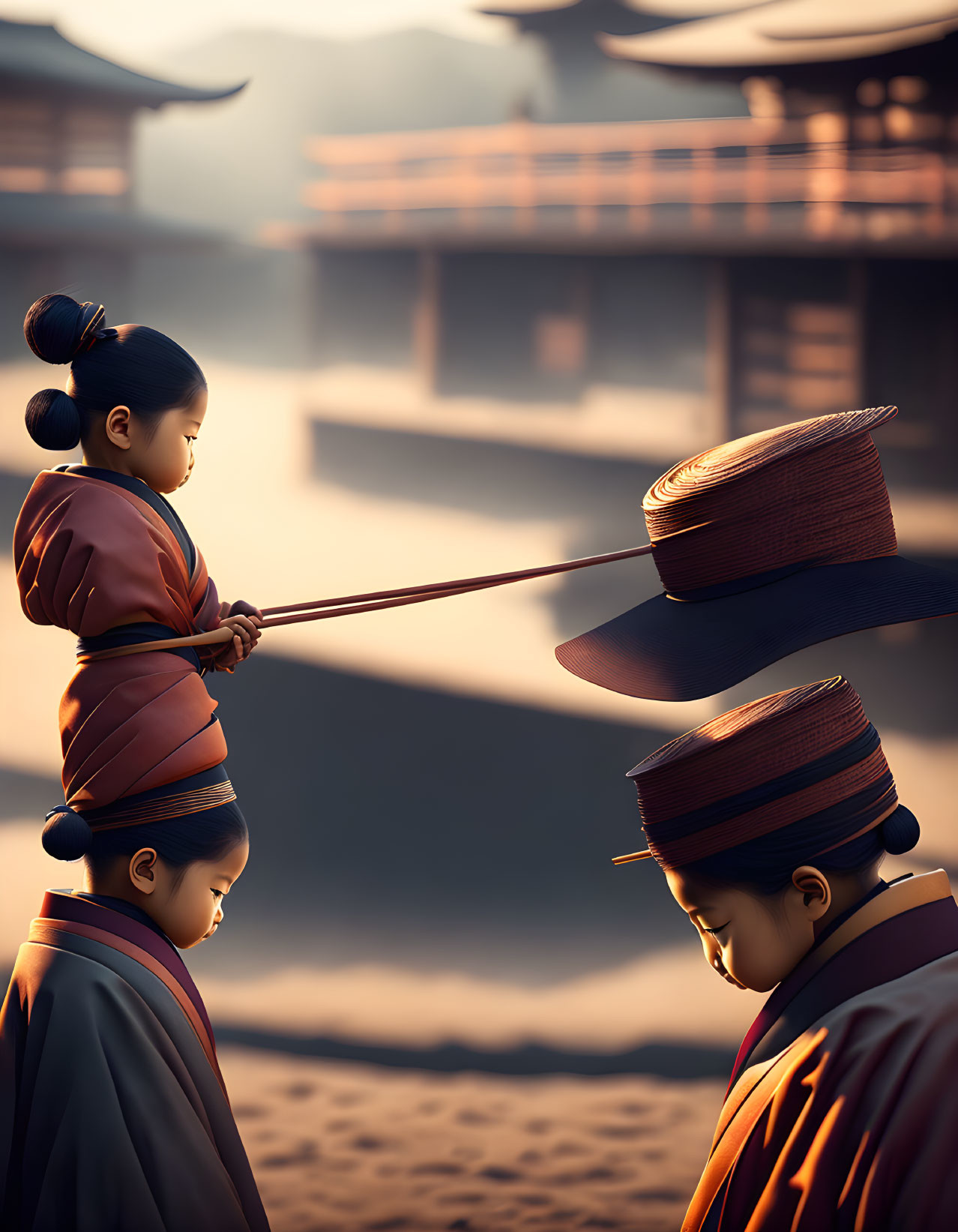 Traditional hat-balancing act in ancient Chinese setting