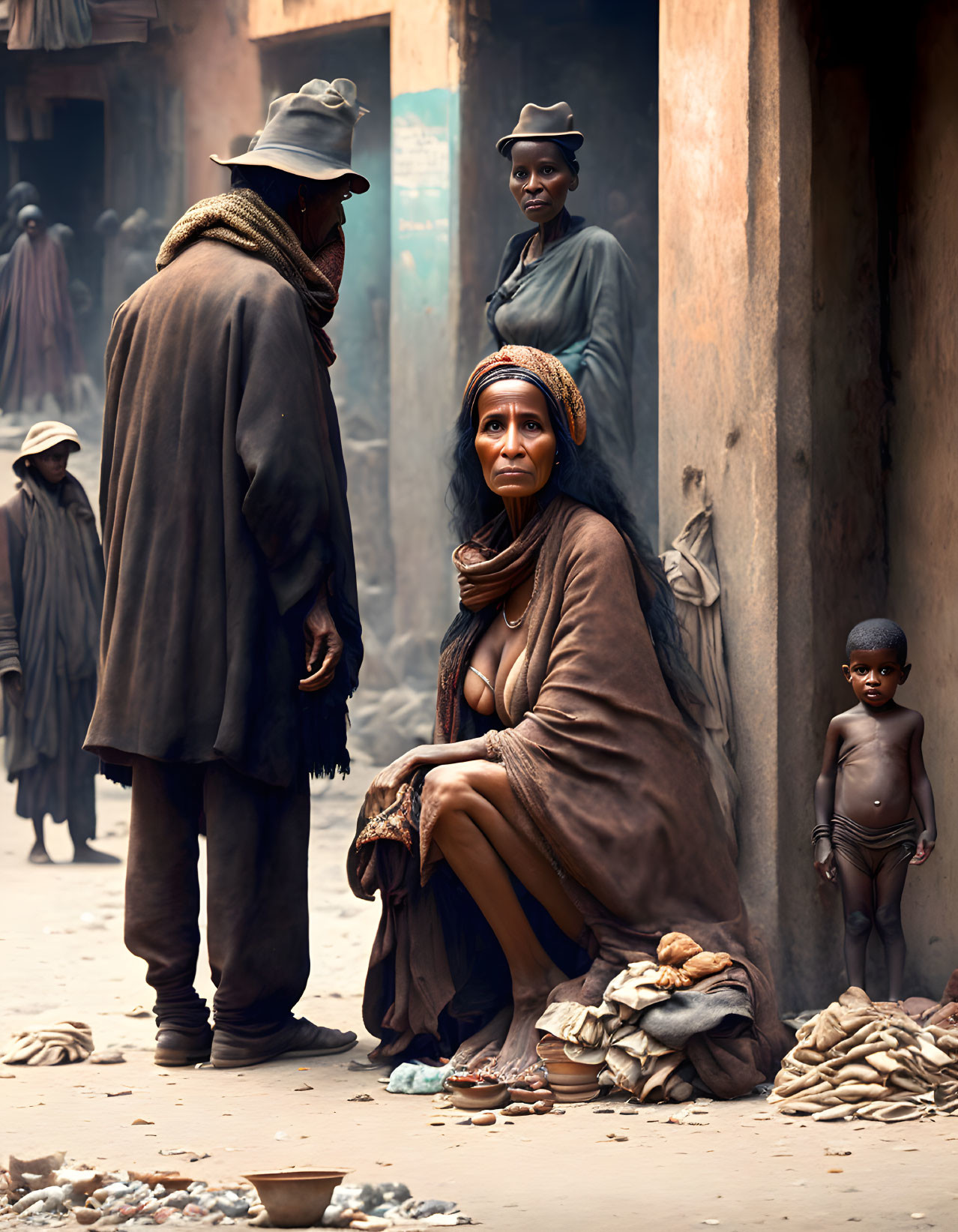 Group in Brown Cloaks Stands in Dusty Alley with Woman and Child