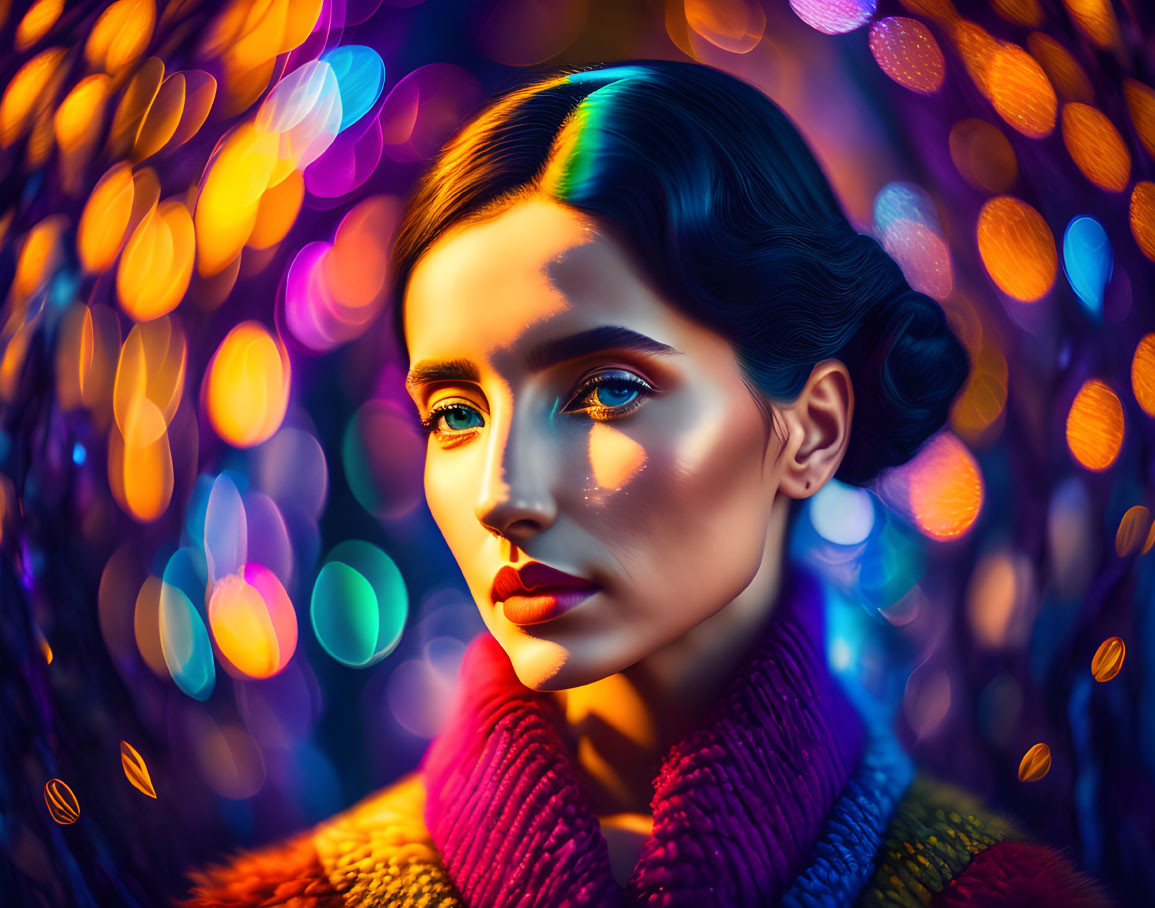 Colorful bokeh-lit portrait of a woman with striking makeup and pink knitted scarf