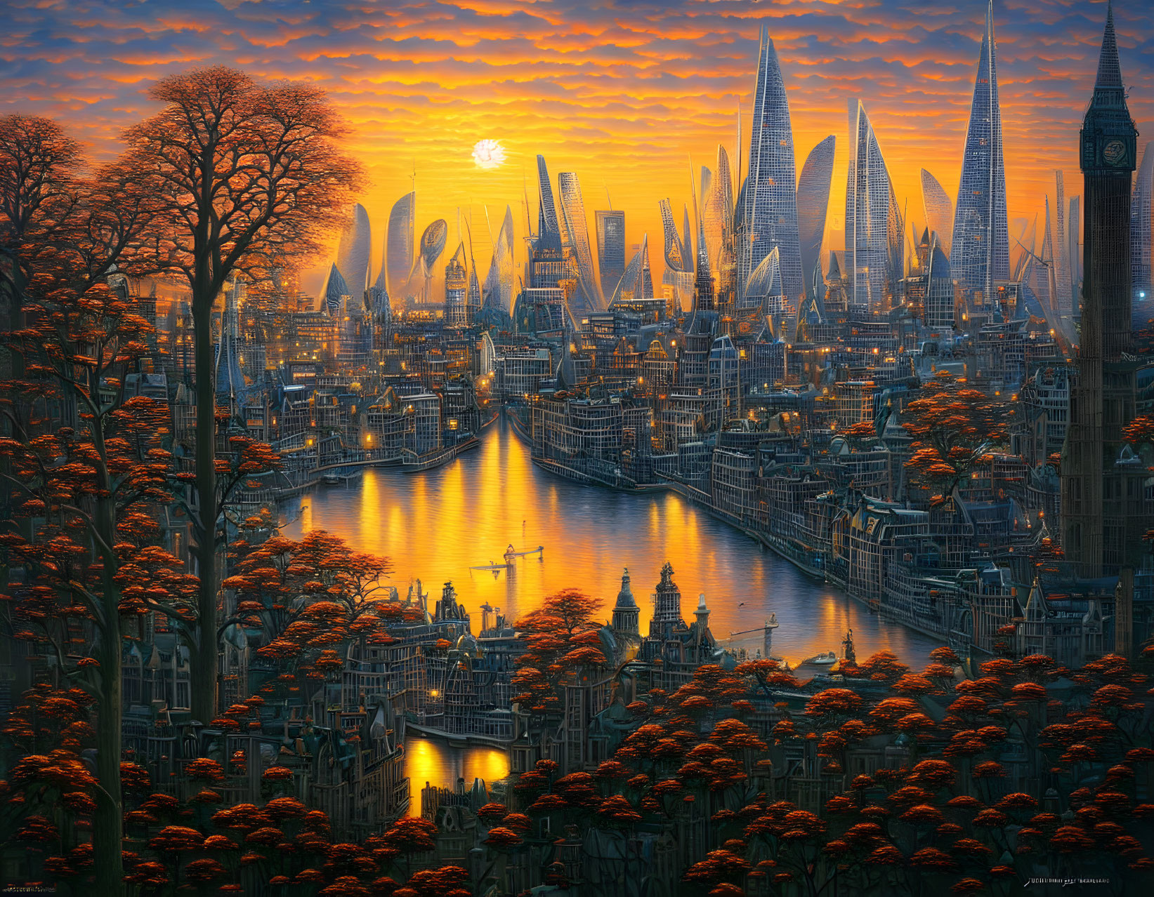 Futuristic cityscape at sunset with skyscrapers and autumnal trees