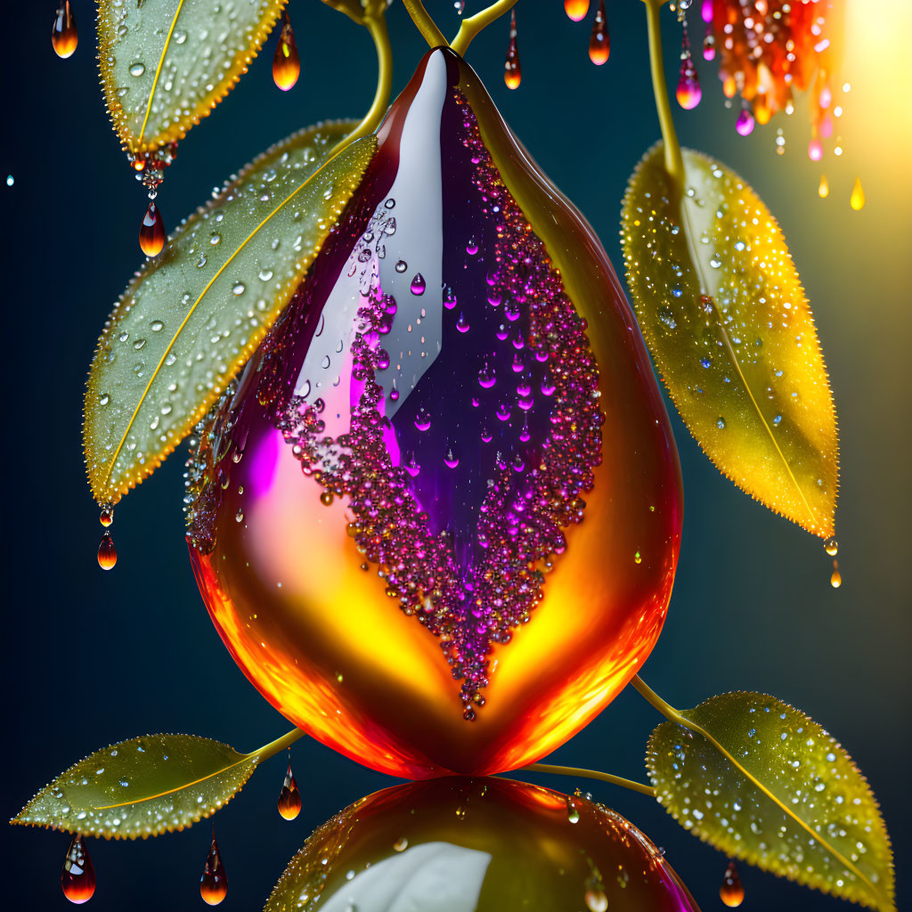 Digital artwork: Dew-covered golden leaf branch with purple teardrop bead and reflective orb