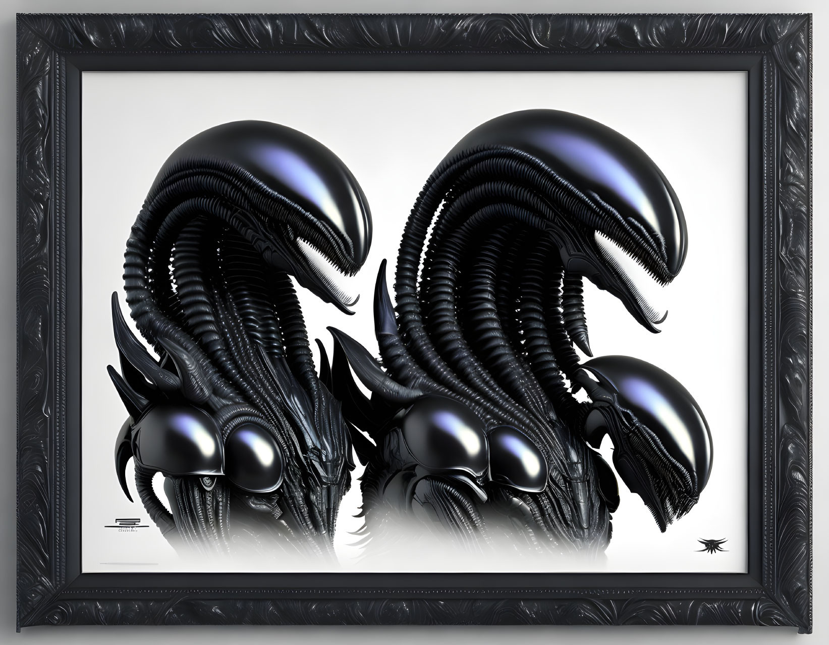 Detailed Xenomorph Heads Artwork in Black on White Background