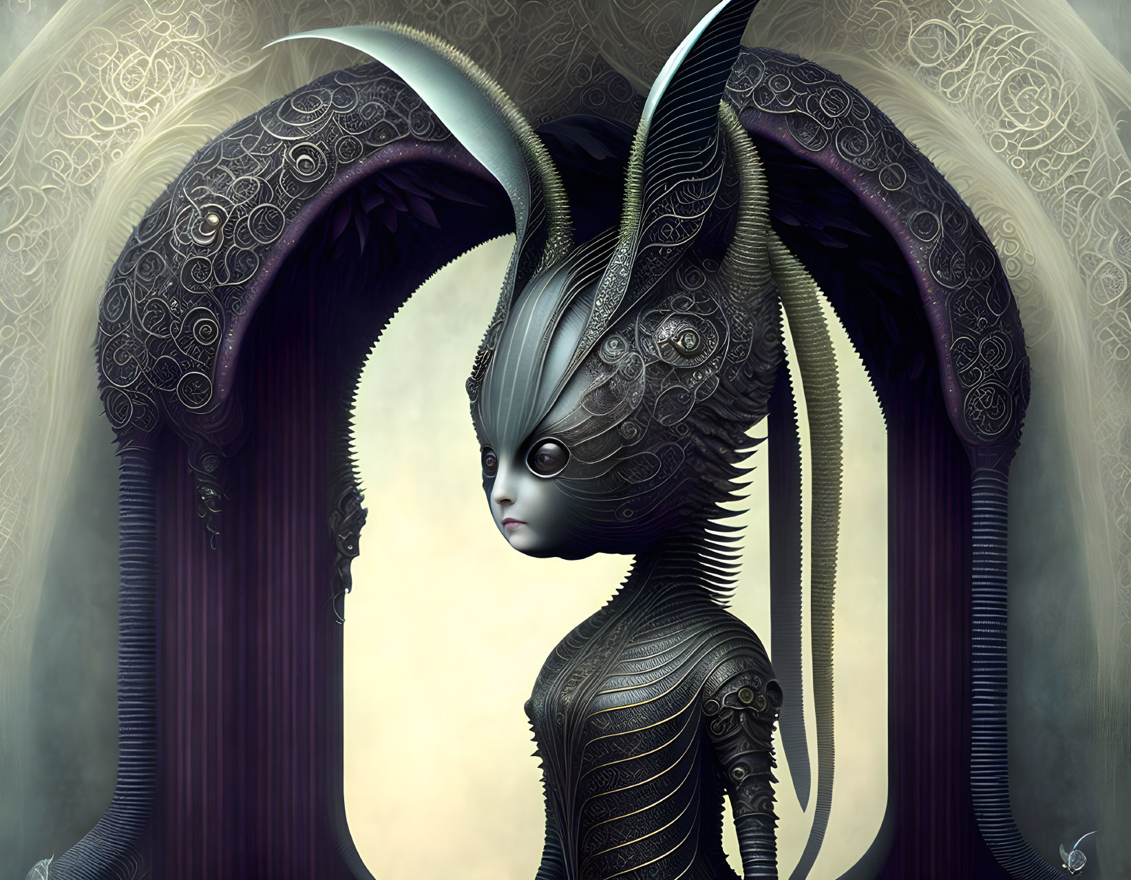 Ornate mechanized creature with elongated ears in front of intricate arching doorway