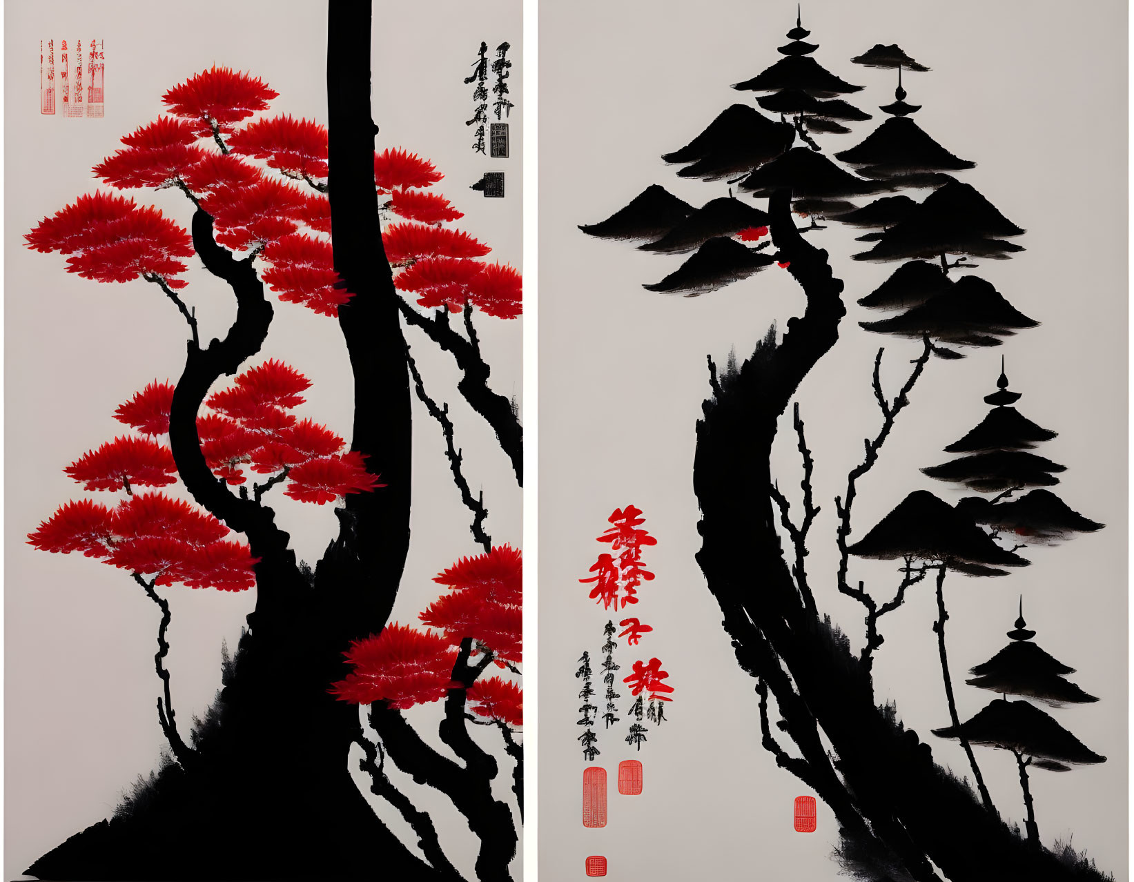 Asian-style Diptych Ink Paintings: Red & Black Foliage with Calligraphy