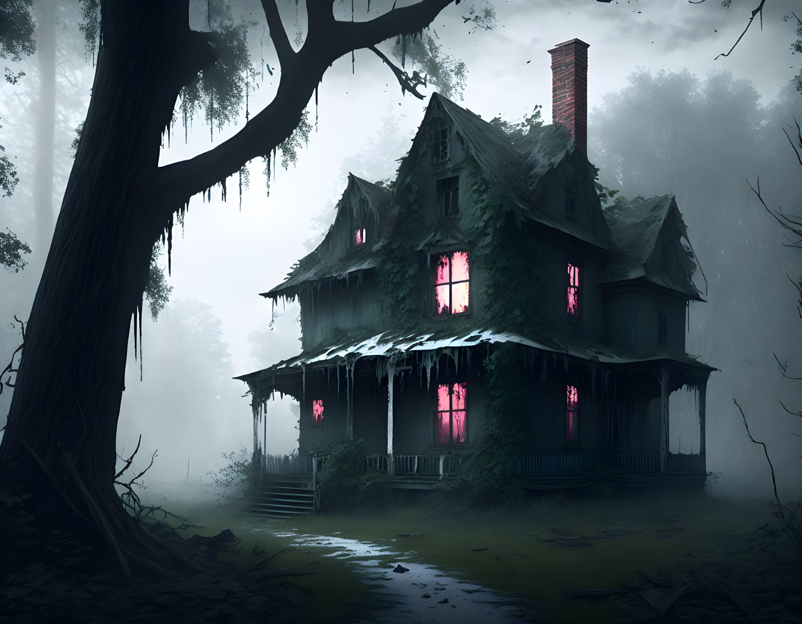 Eerie two-story house in fog with pink glowing windows and overgrown foliage