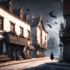 Dimly-lit cobblestone street with cloaked figure and birds at twilight