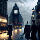 Urban dusk scene with silhouetted figures, red bus, and skull-like gothic structure