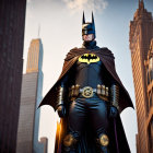 Iconic superhero in rainy cityscape with billowing cape and towering skyscrapers