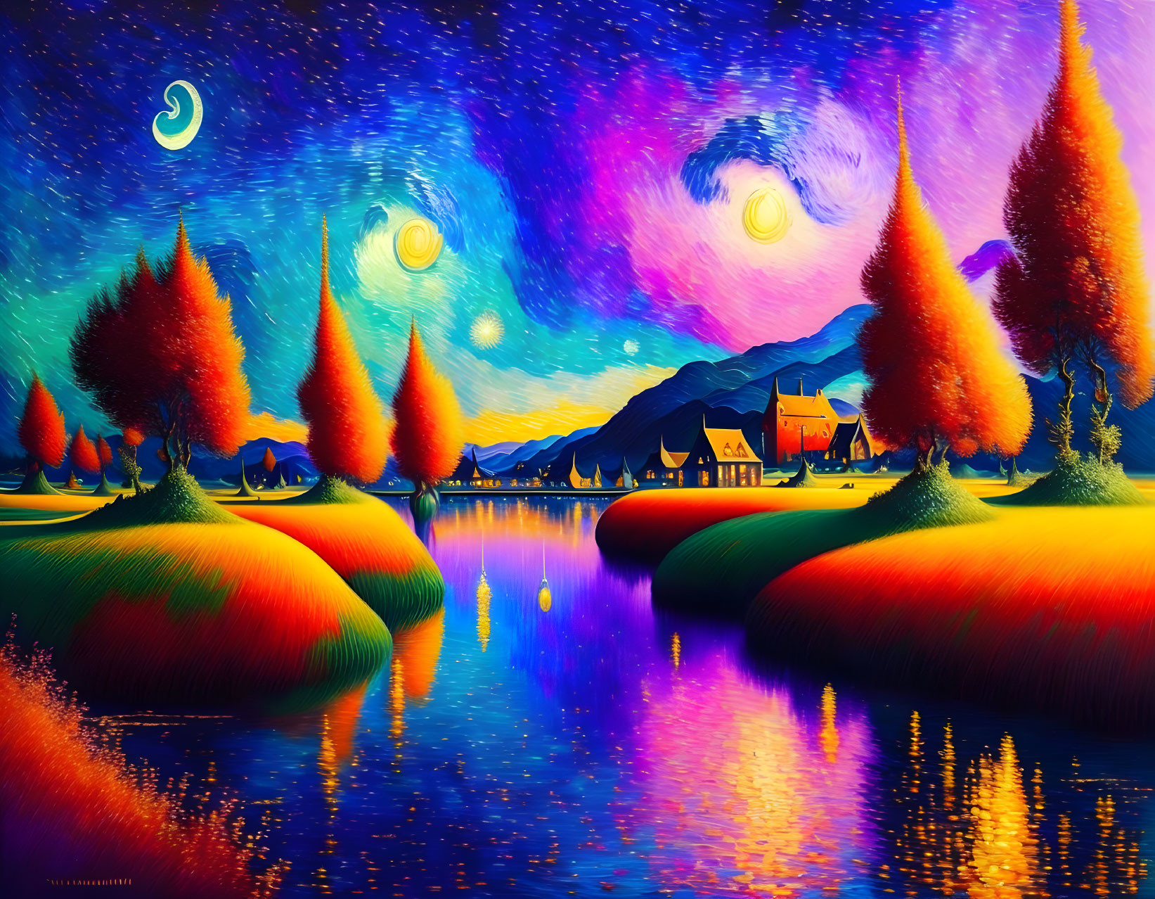 Vibrant surreal landscape with swirling skies and autumn trees