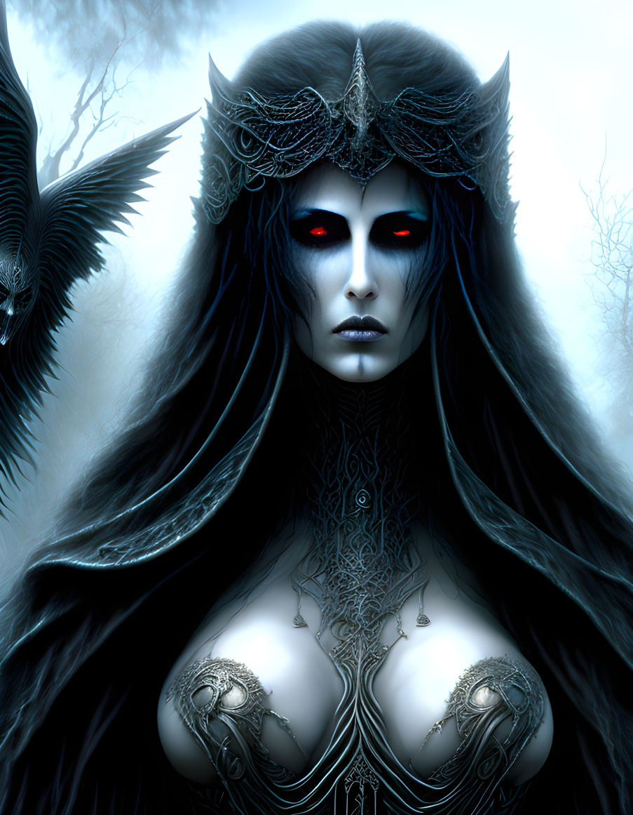 Pale female figure with red eyes, dark hair, intricate crown, metallic chest design