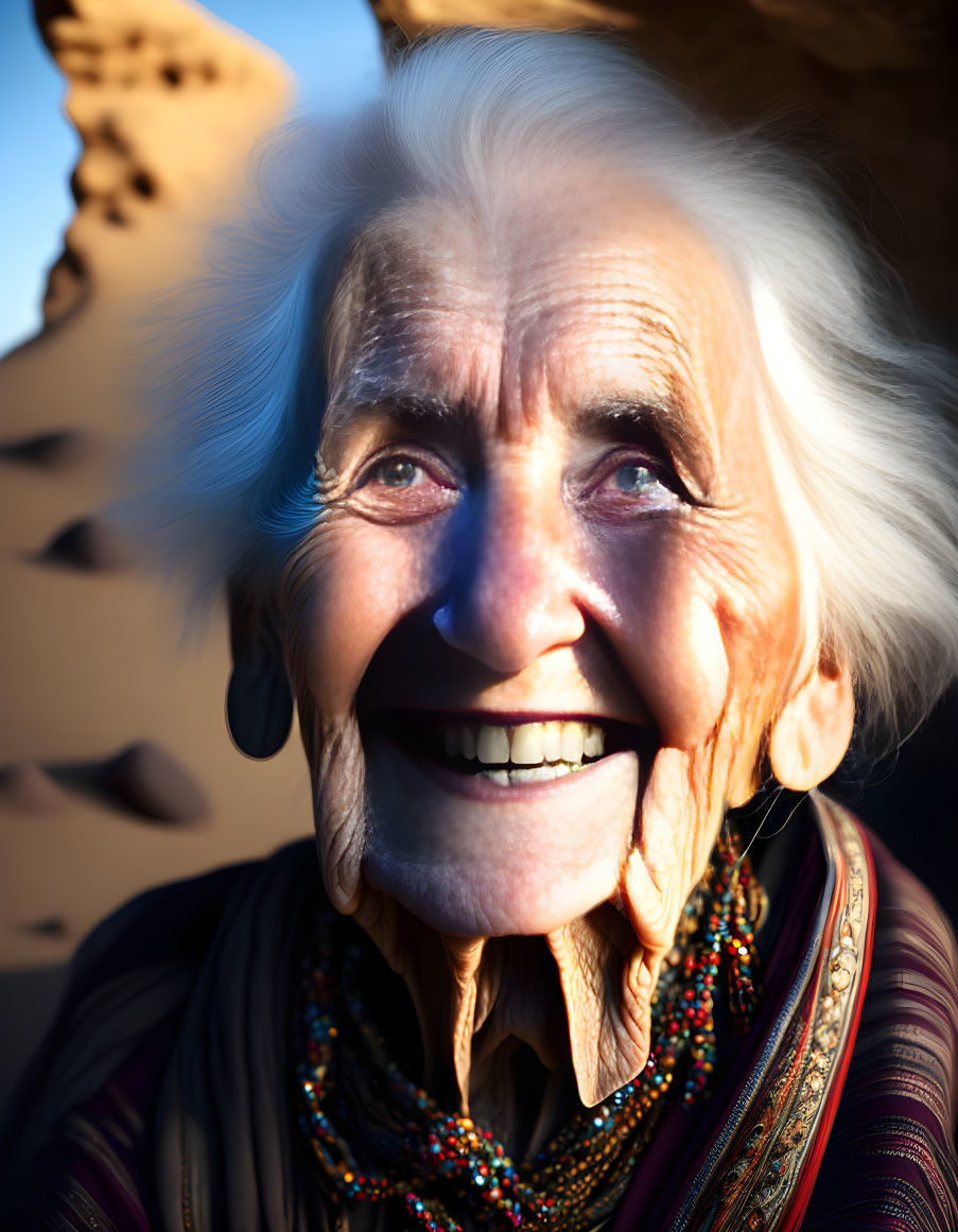 Elderly woman with white hair and colorful attire in blurred background