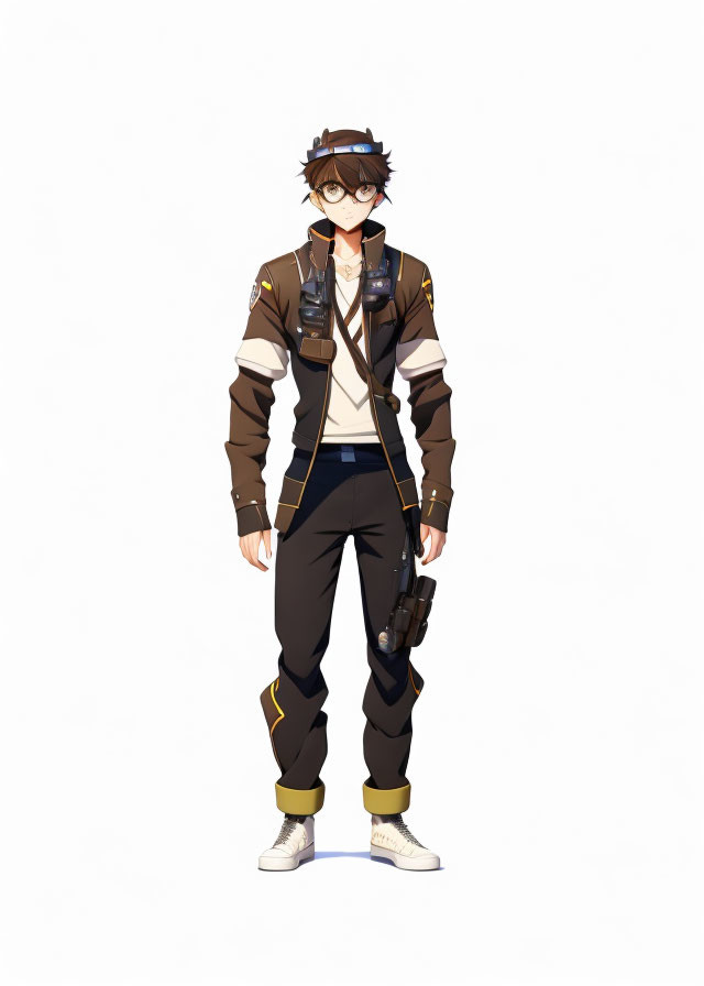 Anime-style male character in police-themed outfit with badge, headset, sunglasses, and gun holster