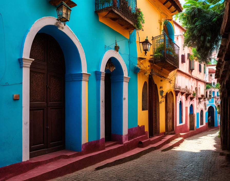 Colorful Arched Doorways in Quaint Old-Town Street