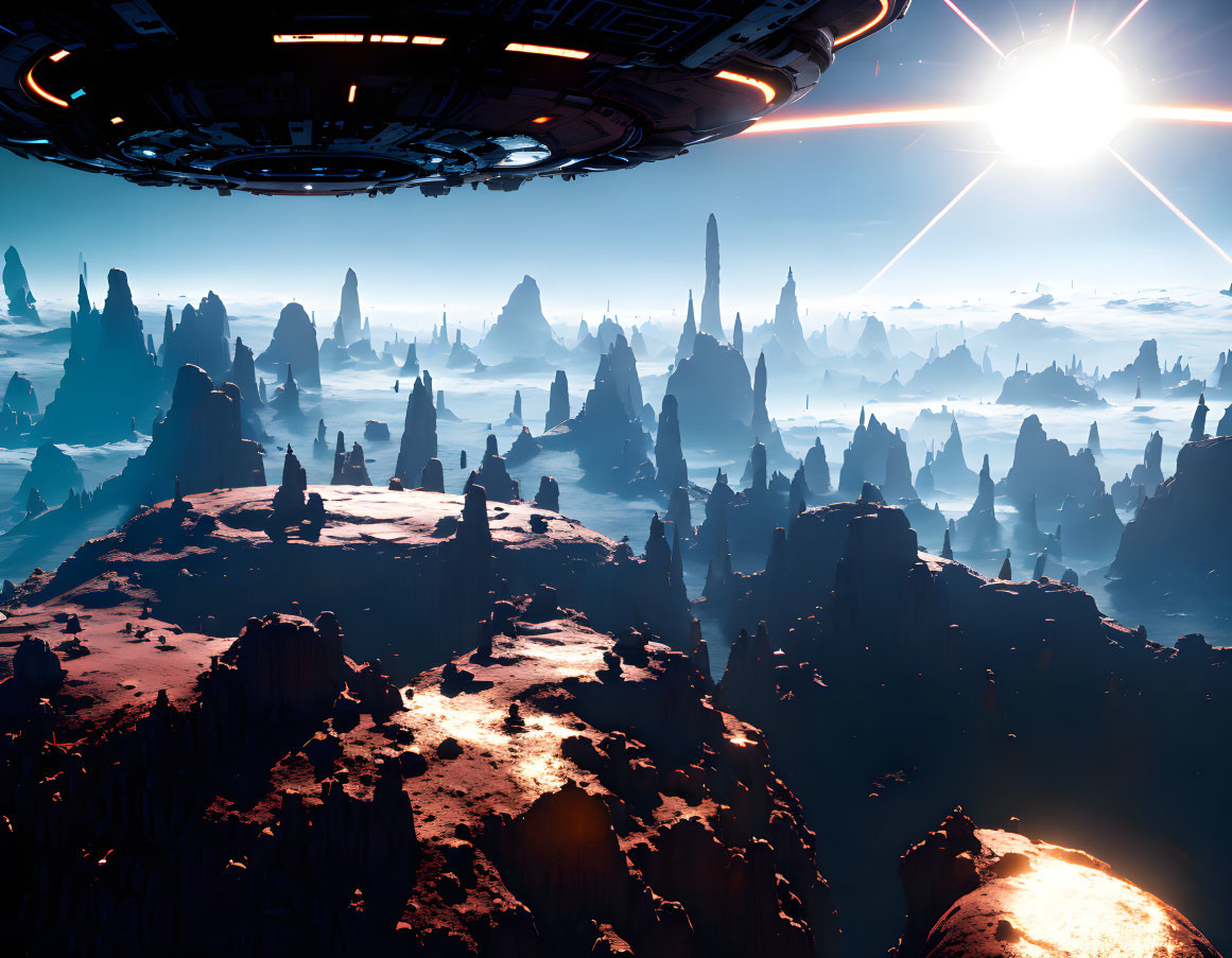 Futuristic spaceship over rocky alien landscape