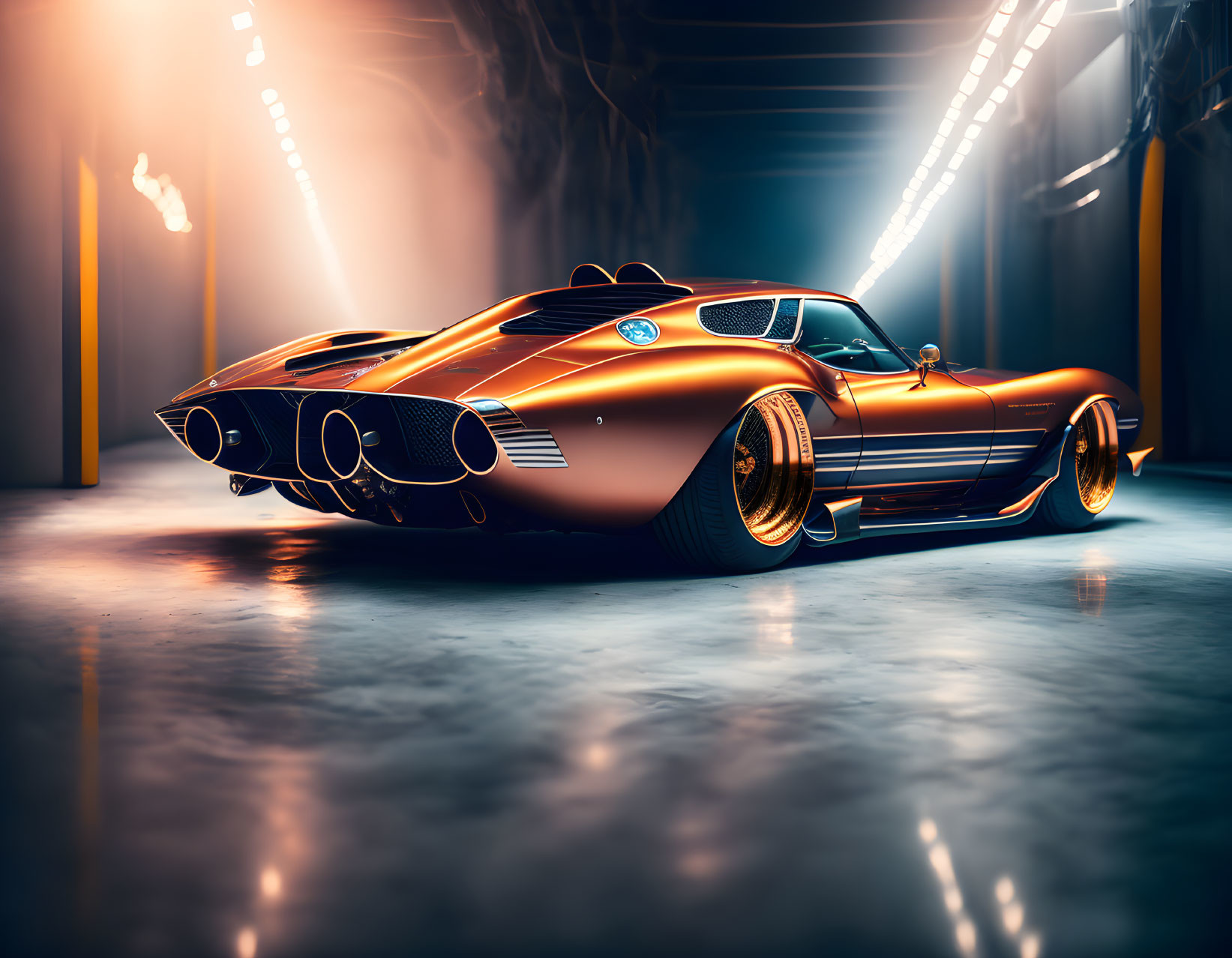 Vintage-Styled Orange Sports Car with Gold Rims in Dimly Lit Garage