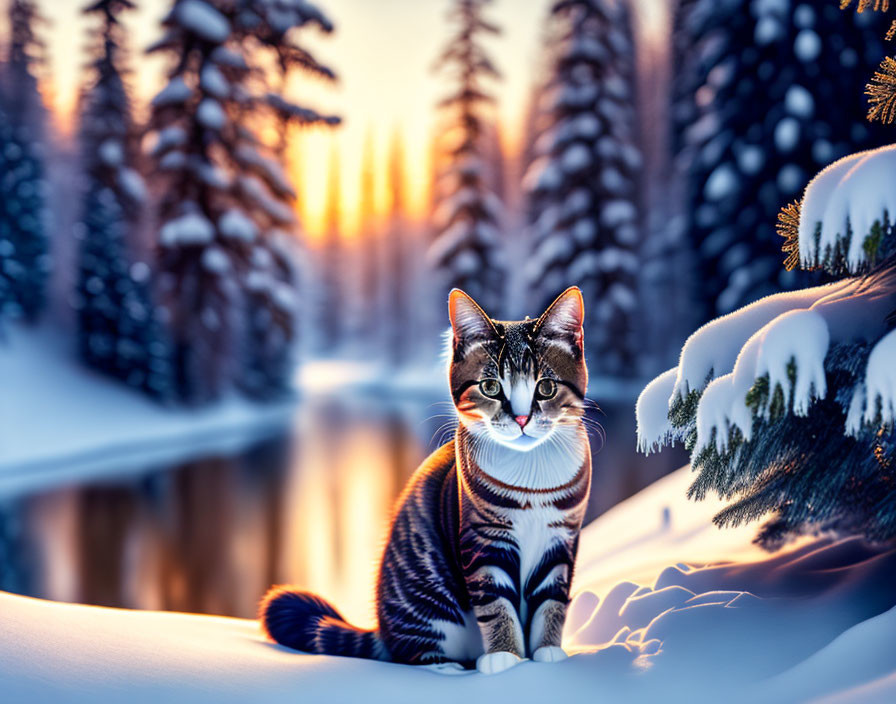 Cat with unique markings in snowy winter landscape with sunset glow