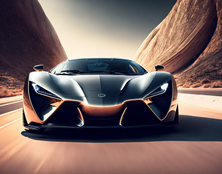 Black Sports Car Driving on Desert Road with Rock Formations