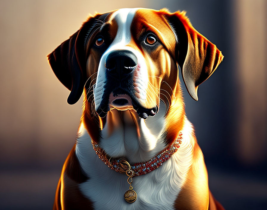 Brown and White Dog with Soulful Eyes and Bejeweled Collar in Sunlight