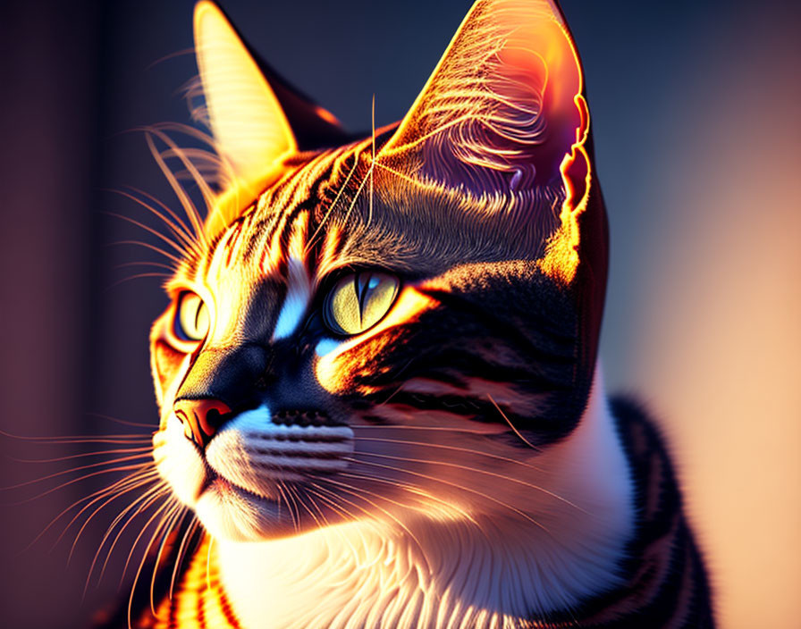 Tabby Cat Close-Up with Striking Yellow Eyes in Warm Sunlight