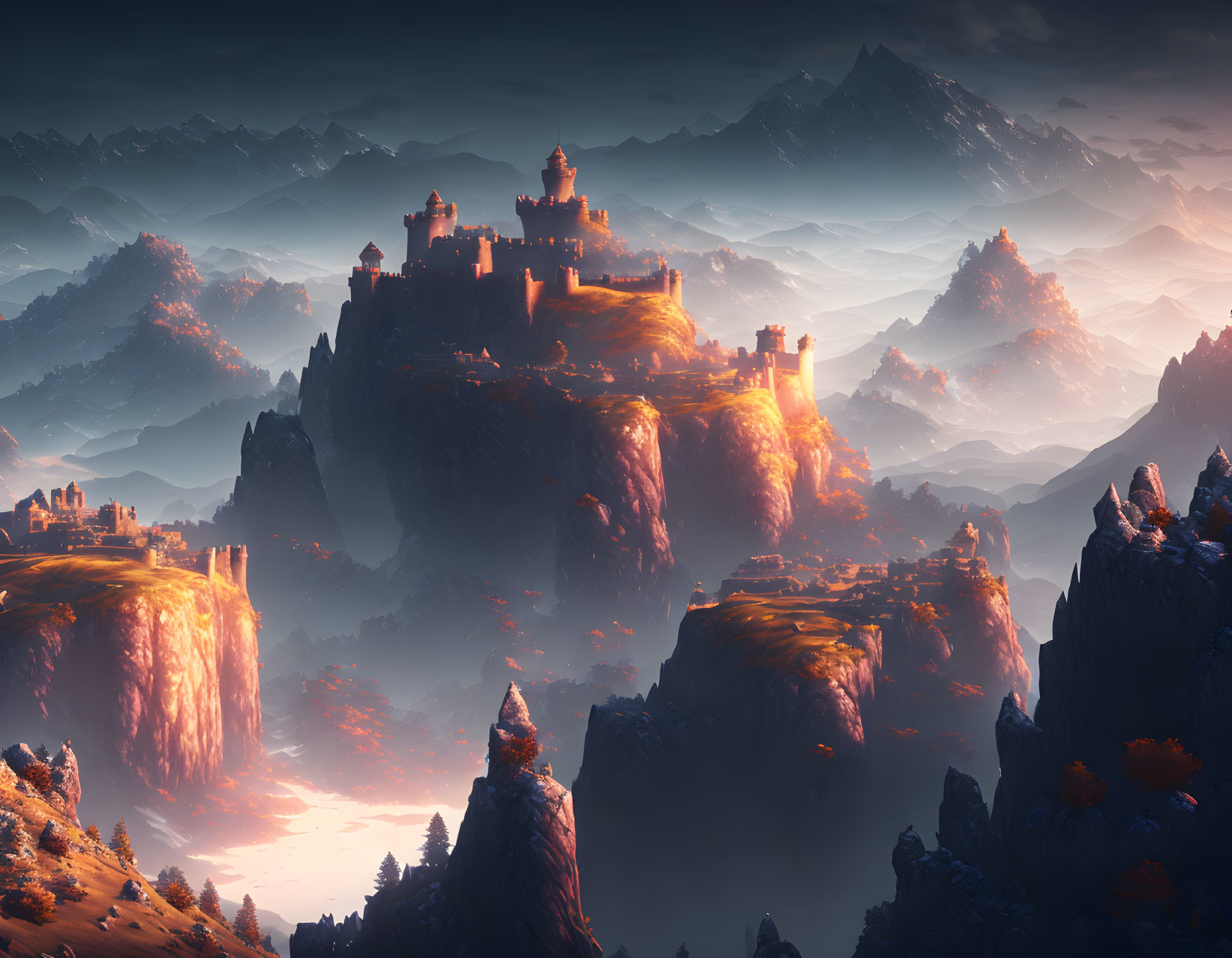 Majestic castle on rugged cliffs in golden sunrise light