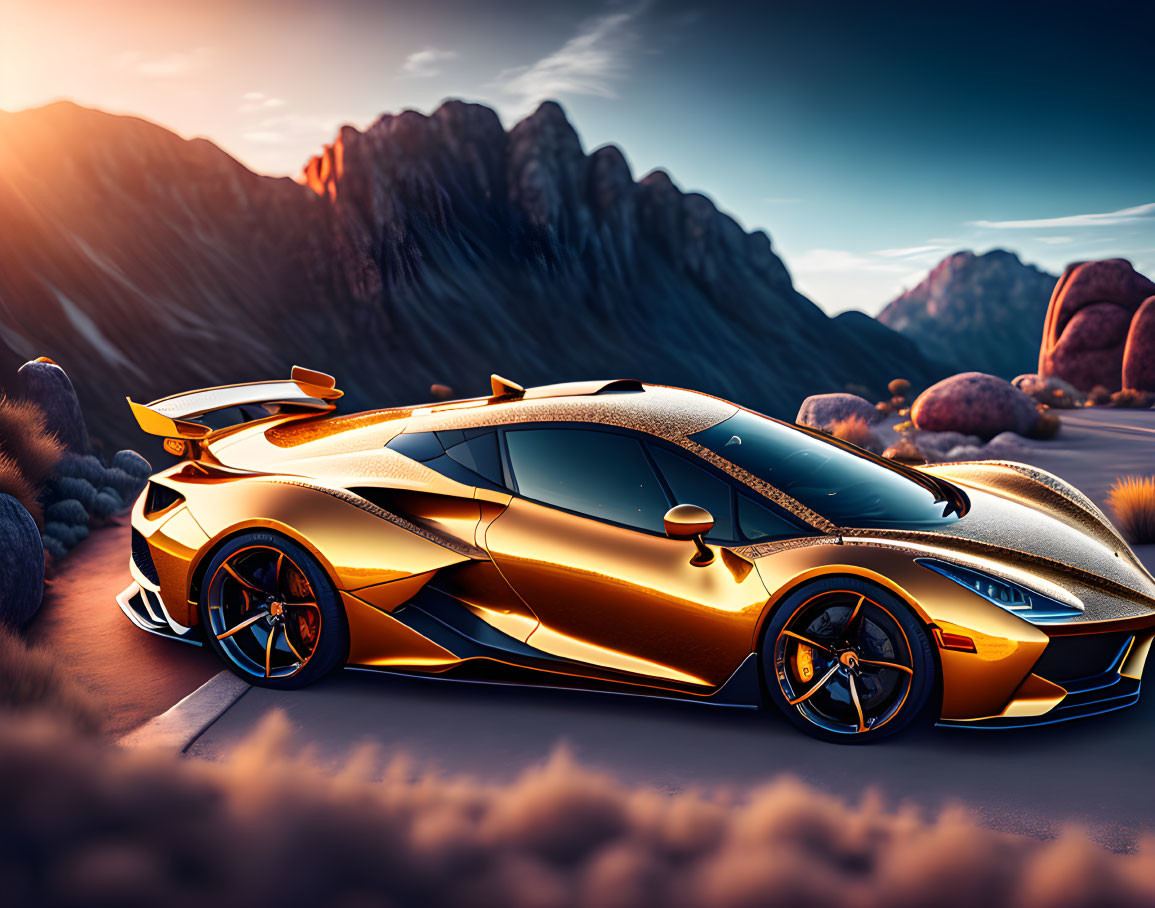 Golden sports car with black accents on mountain road at sunset